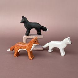 wooden foxes figurines (3pcs) - wooden fox - silver fox - polar fox - wooden toys - wooden animal figurines - fox toy