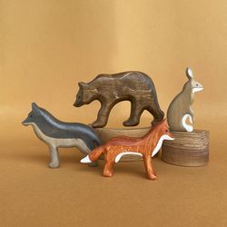 Wooden animal toys play set (4pcs) - Wooden Bear Fox Wolf and Hare - Wooden animal figurines - Woodland animals