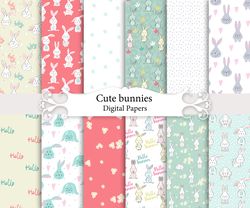 Seamless Patterns, woodland bunny, digital paper pack.