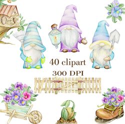 Watercolor Gnome Gardens Clipart, Gnome PNG, Nordic Gnome Graphics, Holiday Clipart, graphics, Spring, Flowers, Sublimat