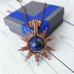 Sun necklace with Lapis Lazuli bead. Wire wrapped copper pendant with Lapis Lazuli.