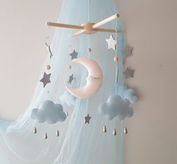 Moon and Stars nursery mobile. Baby mobile boy. Starry Sky decor. Moon baby shower gift.