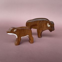 wooden animal figurines - wooden bisons (mum and cub) set 2pcs - wooden toys - forest animals figure - 3st birthday gift
