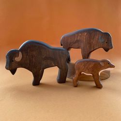 Wooden bison figurines toys set (3pcs) - Wooden toys - Forest animal - Unique kids Birthday Gift