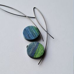 Blue-green wooden comma earrings