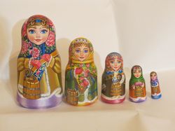 Traditional Russian nesting dolls matryoshka 5 - Girls with rocker arms art painted wooden stacking dolls