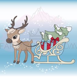 DEER SLED Merry Christmas Cartoon Vector Illustration Set