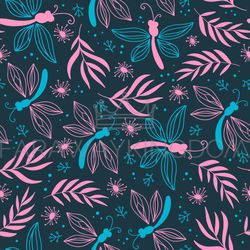 dragonfly and branch seamless pattern vector illustration