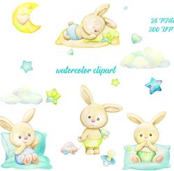 Watercolor Bunny Clipart. Baby girl nursery. Moon and stars.  It's a Girl! Newborn Cubs Watercolor little animal clipart