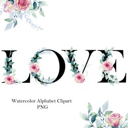 Watercolor roses alphabet, floral letters.