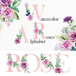 Watercolor roses alphabet, floral letters, flower numbers.