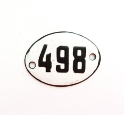 Small enamel metal number sign 498 address door plate vintage