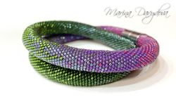 Bead crochet necklace - Green and plum handmade necklace