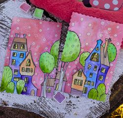 Diptych mini art Houses Original painting Small watercolor card Pink artworks Rubinova