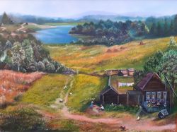 Original painting Summer Village. Landscape on canvas Large oil painting.