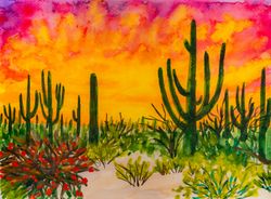 Sonoran Desert original watercolor painting Saguaro National Park cactus Arizona landscape sunset southwestern artwork