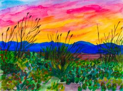 Saguaro National Park original watercolor painting Sonoran desert sunset artwork Arizona landscape cactus wall art