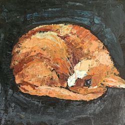 The ginger cat is curled up asleep Oil Painting Original Animal Art