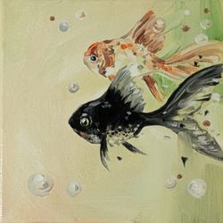 Two goldfish and a black one Oil Painting Original Animal Art
