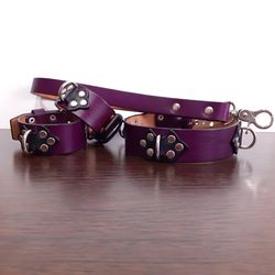 Personalized purple submissive bdsm collar with wrist cuffs and short leash