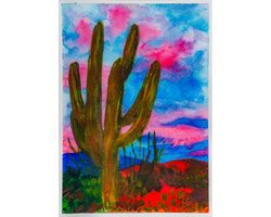 Arizona cactus original watercolor painting Arizona Saguaro desert landscape wall art sunset artwork