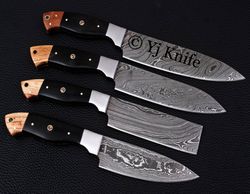 Custom Hand Forged, Damascus Steel Chef Knife Set, Kitchen Knife Set of 4 Pieces, With Leather Sheath Roll, Gift For Him
