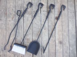 Wrought iron fireplace tools set, 4 Pieces (Poker, Shovel, Tongs, Broom) Hand forged, Blacksmith made, Metal decor