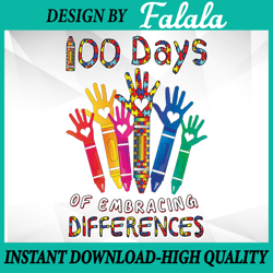 Autism Awareness Embrace Differences 100 Days Of School Png, 100 Days Of School Png, Digital download