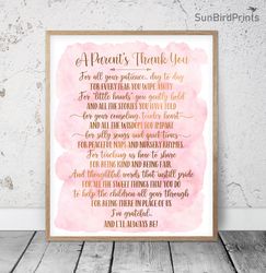 A Parents Thank You, Thank You Teacher Poem, Pink Printable Wall Art, End Of Year Teacher Thank You, Appreciation Gifts