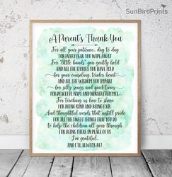 A Parents Thank You, Thank You Teacher Poem, Teal Printable Wall Art, End Of Year Teacher Thank You, Appreciation Gifts