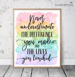 Never Underestimate The Difference You Made, Printable Wall Art, Rainbow Classroom Posters, Kids Room Decor,  Teacher