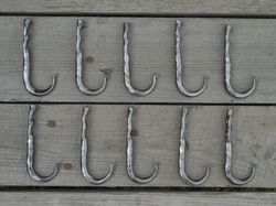 Set of 10 hammered small hooks, Towel, Mug, Bag, Coat, Rack, Hanger, Holder. Wrought iron, Blacksmith, Metal decor