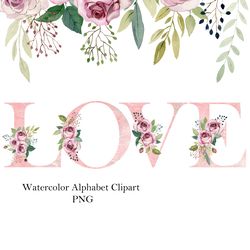 Watercolor Roses Alphabet, floral letters, png.