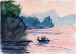 Original Sea Watercolor Landscape Seascape Boat Ship Painting Watercolor Painting Wall Art Asia Nature Art