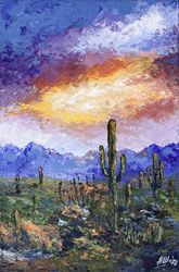 arizona painting original acrylic painting sunset sky art saguaro cactus desert landscape art impasto painting