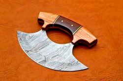 Hand Forged Damascus Steel Alaska Ulu Knife w Wooden handle pizza Cutter knife