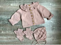 Baby knitted cardigan, socks and bonnet gift set