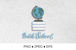 Back to school calligraphy lettering and globe on a stack of books