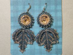 Crystal gray beaded earrings beautiful leaves Rivoli Swarovski earrings sparkling unusual original earrings