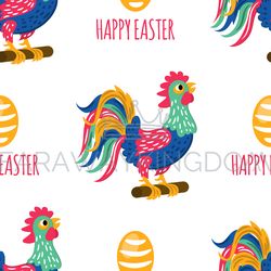 EASTER STAMP Holiday Cock Rooster Seamless Pattern Vector
