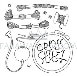EMBROIDERY Monochrome Sewing Supplies Vector Illustration Set
