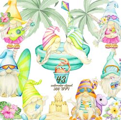 Watercolor Gnomes Beach Summer Scandinavian sailor Gnomes Clip art  Tropical Gnome PNG Surfing Hawaii Flowers Summer