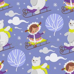 ESKIMO GIRL BEAR Winter Seamless Pattern Vector Illustration