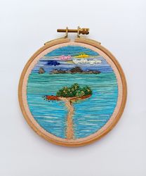 Ocean Wall Art Embroidery Thailand Sea Beach Landscape Thread Painting Hoop Wall Hanging Gift For Him