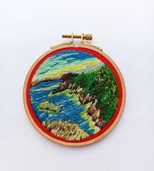 Sea Landscape Thread Painting Embroidery Hoop Art Wall Decor Scenery Round View Modern Gift For Him