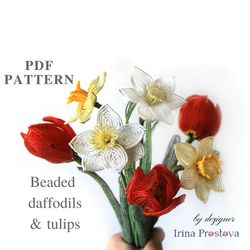 Beaded Narcissus and tulip | Beaded Flowers pattern | Seed bead patterns | Beadwork pattern