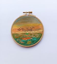 Embroidered Hoop Art Watercolor Design Landscape Wall Decor Small Thread Sunset Painting Home Decor Wall Hanging