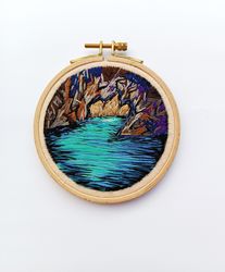 Cave Landscape View Embroidery Landscape Natural Hoop Art Scenery Small Hoop Wall Hanging Circle Wall Decor Artsy Gift