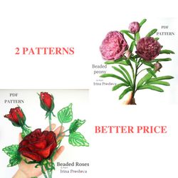 Beaded rose and Peony pattern  | Beaded Flowers pattern  | Seed bead patterns | Beadwork pattern