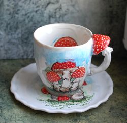 Mushrooms Teacup And Saucer Set ,Alice in Wonderland ,Surprise mug Handmade Fabulous coffee cup porcelain hand painted